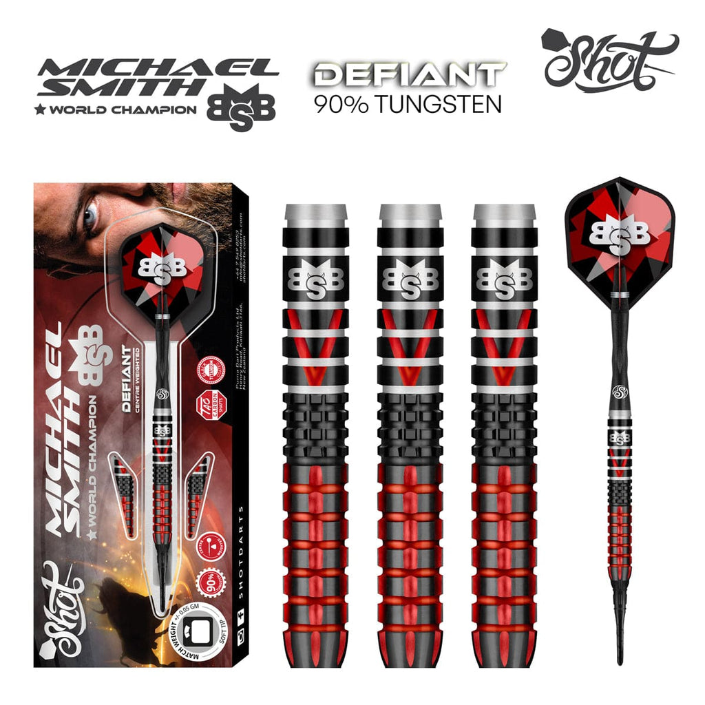 Shot Michael Smith Defiant Soft Tip Dart Set-90% Tungsten Barrels